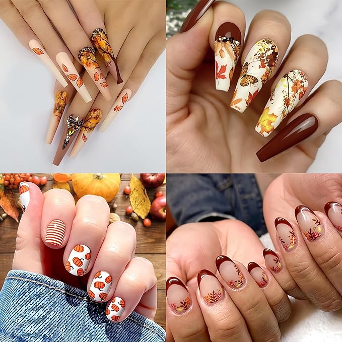 8 Sheets Autumn Maple Leaf Nail Stickers, Thanksgiving Pumpkin Nail Stickers 3D Self-Adhesive Maple Leaf Nail Decals Autumn Glitter Ginkgo Leaf Nail Decals for Women Nail Designs