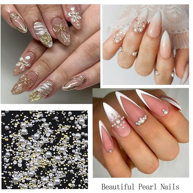 Nail Art Charms with Rhinestones Glue Gel White Flatback Pearls Flower Butterfly Nail Gems Supplies Accessories Gold Silver Nails Decoration Pearls for Women Nails Design