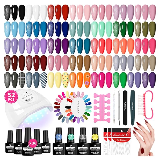 VANREESA Gel Nail Polish Kit with U V Light 52 Pcs Gel Polish Nail Set 36 Classic Colors Nail Polish Set + Base and 3 Effects Top Coat with Manicure Tools Complete Nail Kit Gifts for Women Girls
