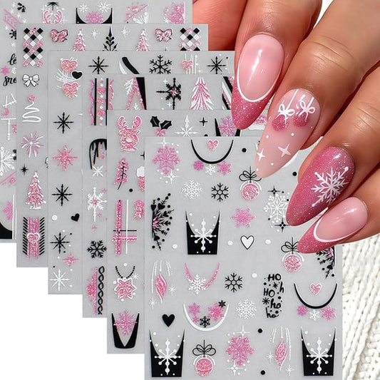 6 Sheets Christmas Nail Art Stickers Snowflake Christmas Tree Nail Decals with Pink Glitter Snowflake Xmas Tree Snowball Elk Snowmen Nail Design Black French Tips Nail Supplies Nail Decor for Women