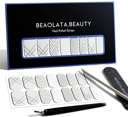 Nail Polish Strips, 32PCS Salon Quality Wraps, Long Lasting Gel Nail Stickers for Women Easy Apply& Remove (Silver&line)