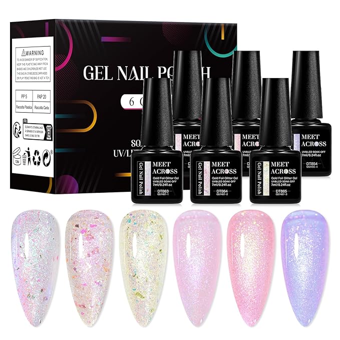 MEET ACROSS Gel Nail Polish Set 6 Pcs Glitter Colors Gel Nail Kit Art Design Soak Off UV LED (SET-2, 6pcs)
