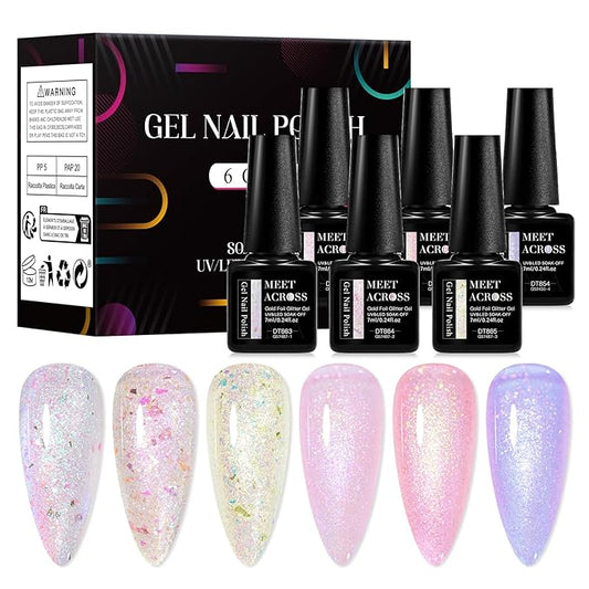 MEET ACROSS Gel Nail Polish Set 6 Pcs Glitter Colors Gel Nail Kit Art Design Soak Off UV LED (SET-2, 6pcs)