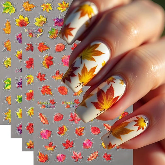 4 Sheets Fall Nail Art Stickers Maple Leaf Nail Decals 3D Self-Adhesive Autumn Leaves Design Stickers Thanksgiving Maple Leaves Nail Decals for Women Holiday DIY Manicure Decoration
