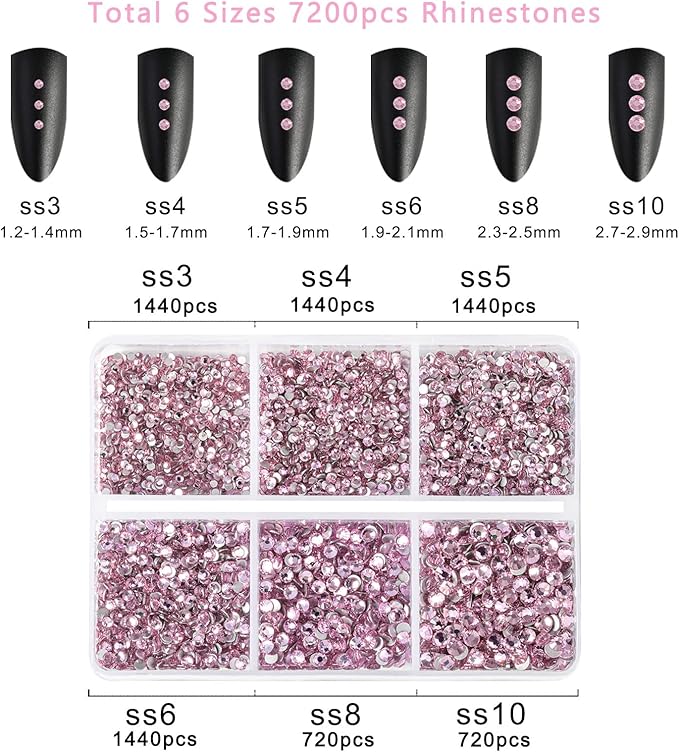 Beadsland 7200pcs Flatback Rhinestones, Pink Nail Gems Round Crystal Rhinestones for Crafts, Mixed 6 Sizes with Wax Pencil Kit, SS3-SS10, Light Rose/Light Pink