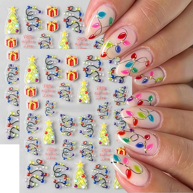 4 Sheets Christmas Nail Art Stickers 5D Embossed Winter Nails Decals Red Gold Heart Bow Nail Stickers Gold Circle Cherry Xmas Nails Design Winter Nail Supplies for Women Acrylic Manicure Decorations