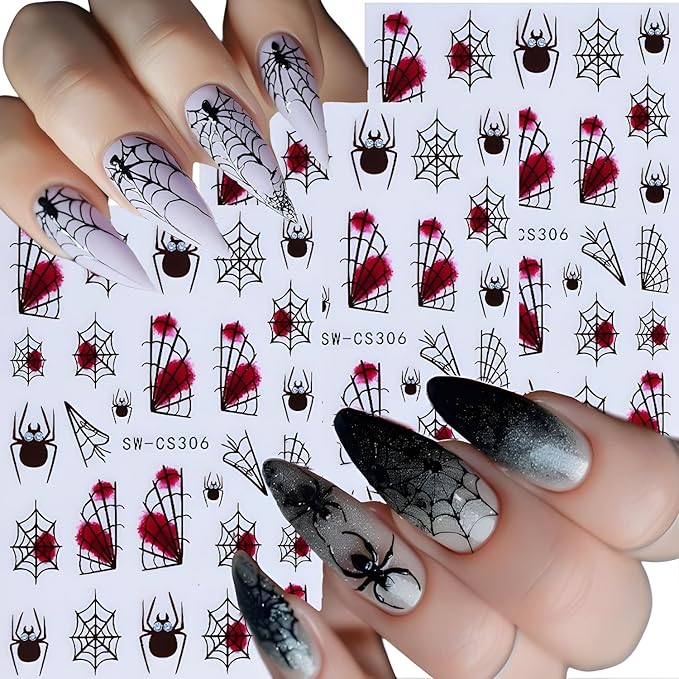3 Sheets Halloween Nail Sticker for Nail Art 3D Self-Adhesive Spider Nail Stickers Red Black Nails Design Spider Web Nails Supplies Decoration Accessories for Women and Girls