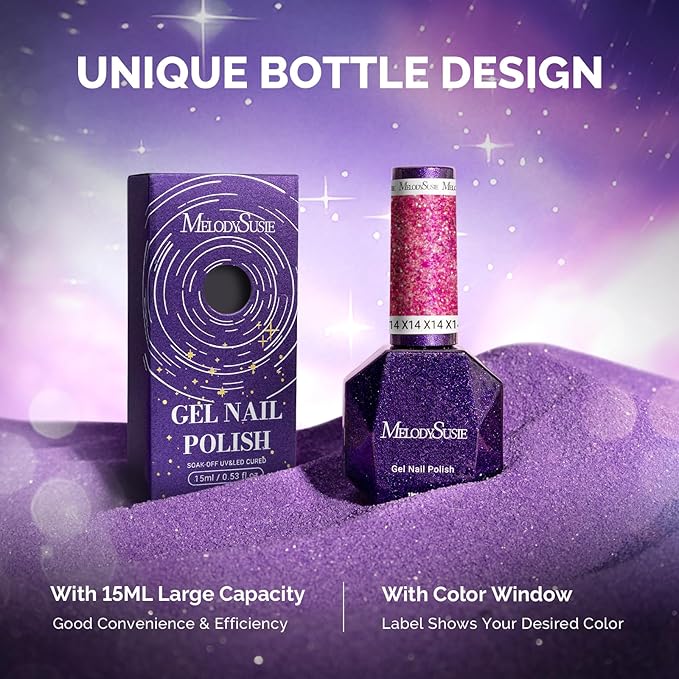 MelodySusie Galaliver Glitter Gel Nail Polish, 15ML Sparkly Shimmer Gel Polish Soak Off UV LED Cured Long Lasting Gift for Women DIY Nail Design Nail Art Manicure Romantic Pink X14