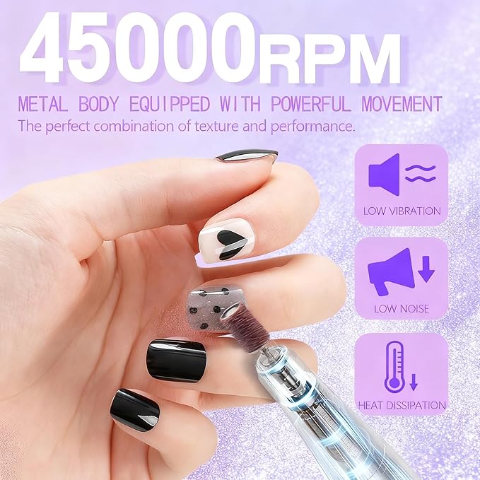 Kylara Electric Nail Drill Professional,45000RPM Portable Nail Drill Kit Cordless E Filer for Acrylic Gel Nails Polishing Removing with LED Display,Low Noise Electric Nail File for Salon&Home