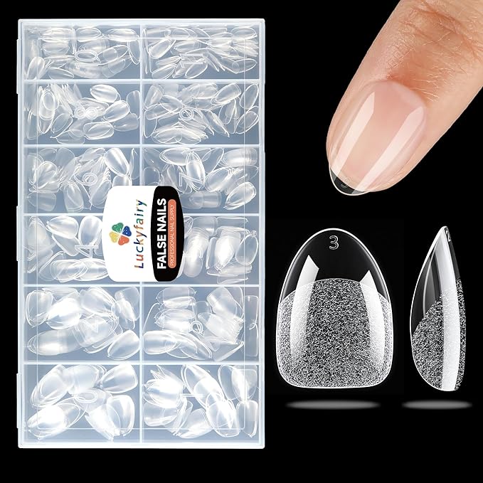 Extra Short Almond Nail Tips, 240pcs Soft Gel Pre-Shaped Acrylic Fake Nails, Half Matte Full Cover Clear Gelly Press on Flase Nail Tips for Extension Nail Manicure Home DIY 12 Sizes