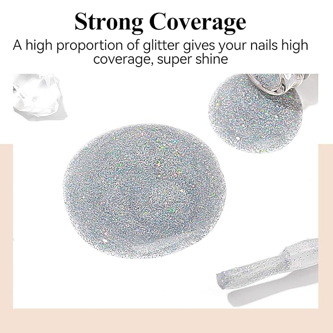 Glitter Nail Polish, 12ML Shimmer Holographic Reflective Nail Polish Air Fast Drying Sparkly Iridescent nail polish Varnish Nail Lacquer Transparent Natural Nail Art for Beginner-1PC