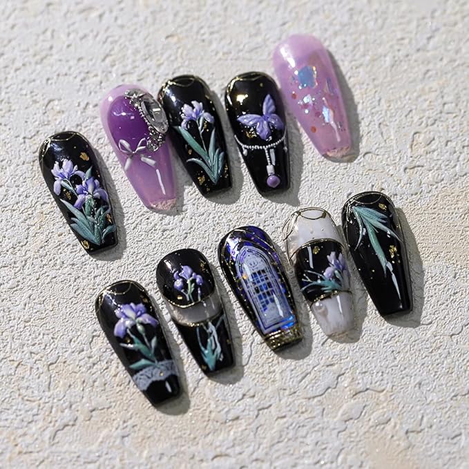 Flower Nail Sticker, 5D Embossed Iris Floral Nail Art Stickers Self-Adhesive Bows Butterfly Nail Decals for Women Nail Supplies Art Design Sticker(1, Iris Flower)