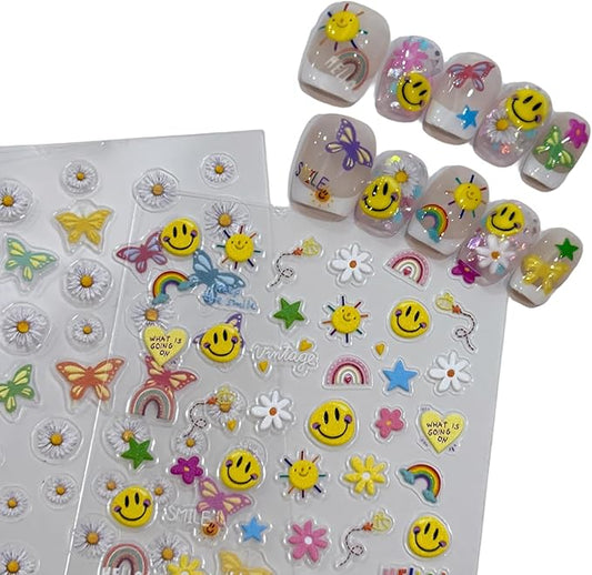 5D Embossed Smiley Face White Daisy Nail Stickers - Floral Face Nail Art Decorations for Manicure A Set of 2 Sheets