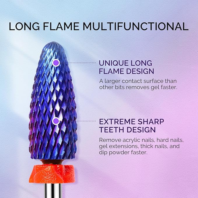MelodySusie 3Pcs Nail Drill Bits Set, 3/32'' Carbide Tungsten Bits, Long Flame, Smooth Round Top Small Barrel and Tapered Nib Bits, Suitable for Manicure Pedicure Cuticle Gel Acrylic Remover, Purple