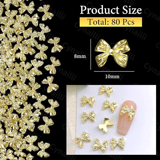 80 Pcs Metal Gold Nail Charm Bows, 3D Shiny Bow Nail Gems Charms, Cute Alloy Bowknot Y2K Nail Jewelry Charms for Nail Art Decor DIY Accessories Crafts