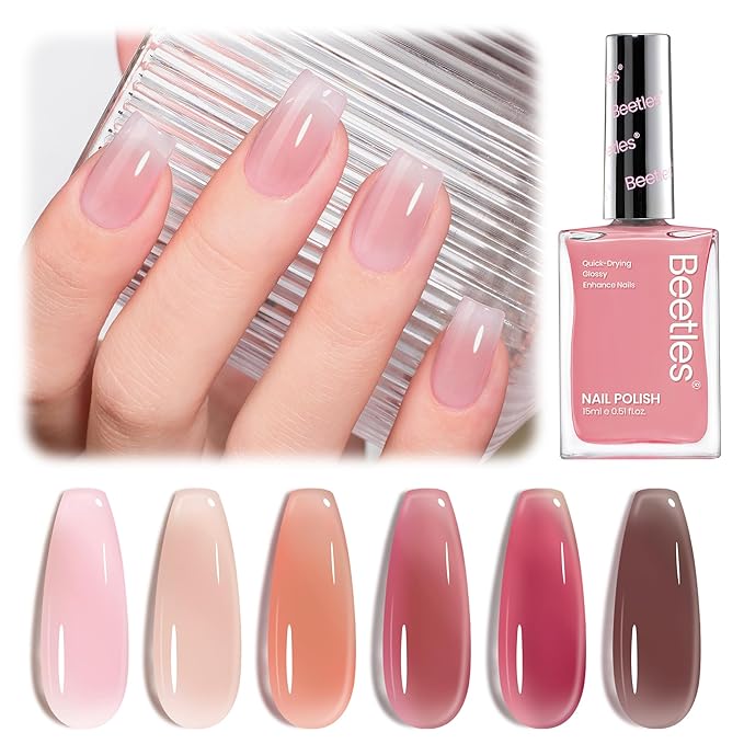 Beetles Jelly Nail Polish Set, 6 Colors Sheer Pink Nail Polish Long Lasting & Quick Dry Clear Jelly for Christmas Women, Pink Nail Strengthener Polish for Salon DIY Manicure Set