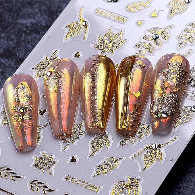 3PCS Fall Nail Art Stickers 5D Embossed Maple Leaf Nail Decals Gold Pumpkins Maple Leaves Glitters Nail Design Stickers Shiny Rhinestones Adhesive Sliders Thanksgiving Day Nail Supplies for Women