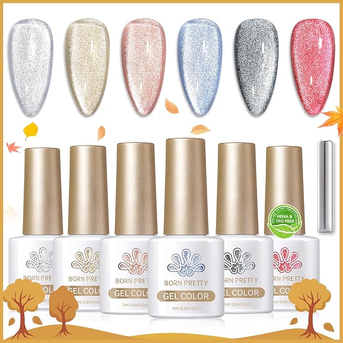 Born Pretty Cat Magnetic Eye Gel Nail Polish,Fall Winter Red Gold Silver Black Holographic Glitter Crystal Gel Polish Set Magnetic Nail Polish Kit Soak Off LED Nail Art DIY Salon Gift 7ML 6PCS