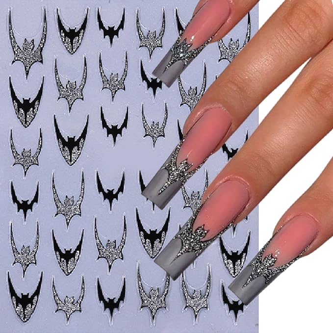 6 Sheets Halloween Bat Nails Art Stickers Glitter Holographic Gold Silver French Bat Design Nail Sticker Halloween French Sticker for Nails Decals Decals Holiday Decoration Kit for Women DIY Nails