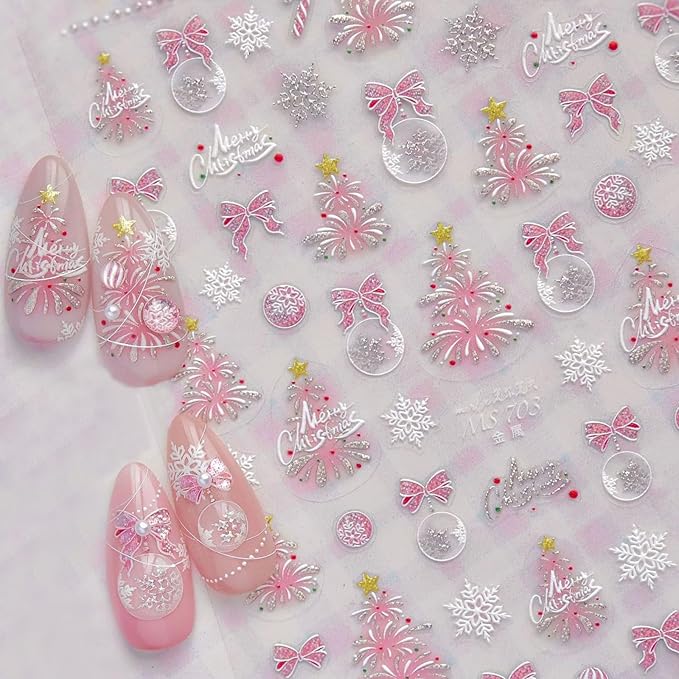 1 Sheets Pink Fireworks Christmas Tree Nail Art Stickers 5D Embossed Christmas Bow Nail Stickers Pink Glitter Snowball Tree Nail Decals Acrylic Nail Supplies for Women Girls DIY Nail Decoration