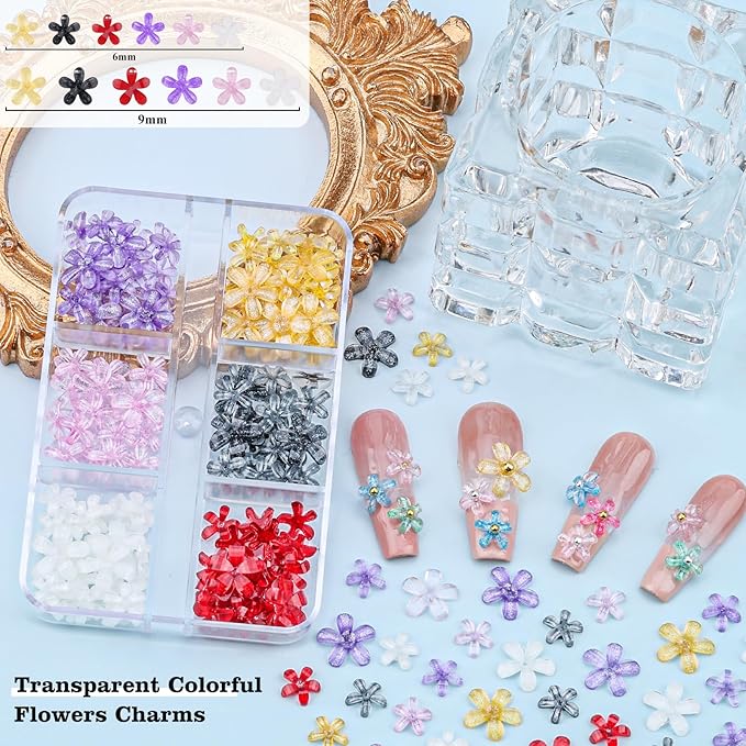 4 Boxes 3D Flower Nail Charms and Gems - Colorful Nail Flower Charms Crystal AB Clear Gemstones Silver/Gold Caviar Beads White/AB Pearls for Women DIY Manicure Crafts (22-S4-Colorful2)