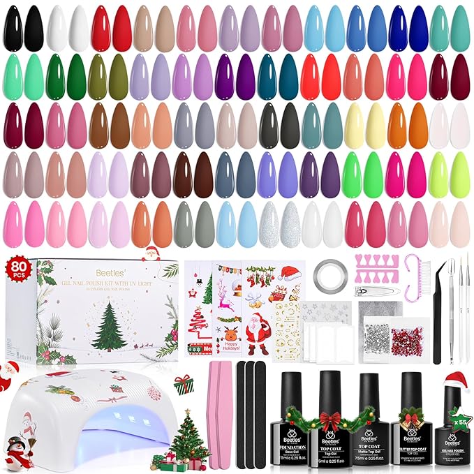 Beetles 80 Pcs Christmas Gel Nail Polish Kit with U V Light - 55 Color Gel Nail Kit Gifts for Teens Women Girls Soak Off Color Enchantment Winter Red Nails Art Home DIY Salon Beginners Manicure Set