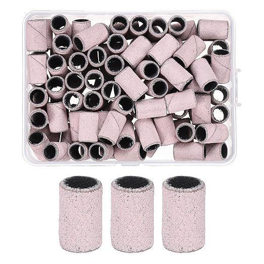 HARFINGTON 100pcs Small Sanding Bands 150 Grit for Nail Drill Bits Mini Sanding Band for Nails Gel Manicures Light Pink