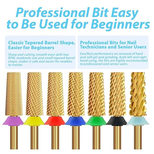 Tungsten Carbide Cross Cut Small Tapered Barrel Nail Drill Bits, Professional 3/32'' Safety Bits, Both Hands Use, Remove Gel Fast, Manicure Pedicure Cuticle Gel Polishing, Fine.