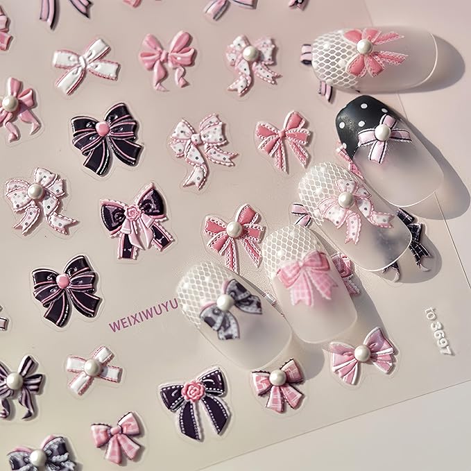 Pink Bow Knot Nail Art Stickers 5D Self-Adhesive Embossed Cute Bow Nail Decals Rhinestones Bow-Knot Elegant Pearl Design Nail Stickers for Women DIY Manicure Decorations