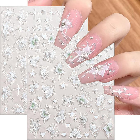 2 Sheets Green White Snow Mowing Flower Nail Art Stickers 5D Embossed Self-Adhesive Pearl Flower Stickers White Feather Lace Design Suitable for Ladies Girls Nail Art Decoration
