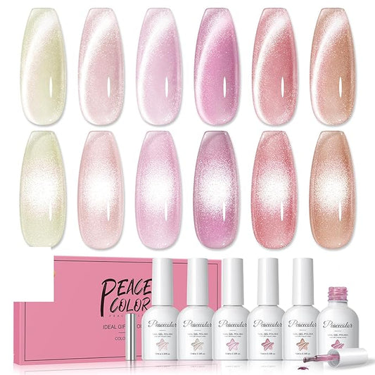Cat Eye Gel Nail Polish Set 6 Colors Glassy Milky Nude Pink Glitter Transparent Jelly Cateye Magnetic Kit Salon at Home DIY Gifts for Women