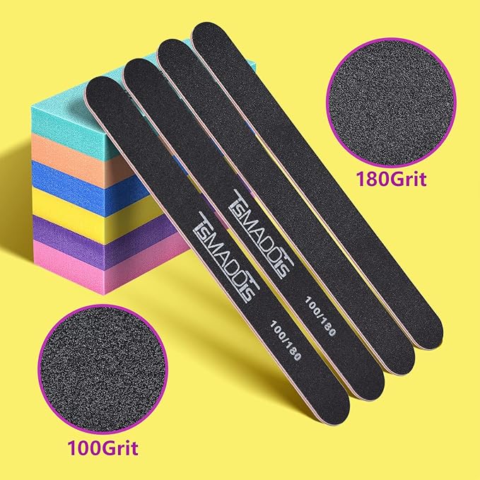 TsMADDTs Nail Files and Buffers Set with 6PCS Rectangular Buffers and 6PCS Black 100 180 Grit Files, Professional Nail Care Tools Kit for Women and Girls