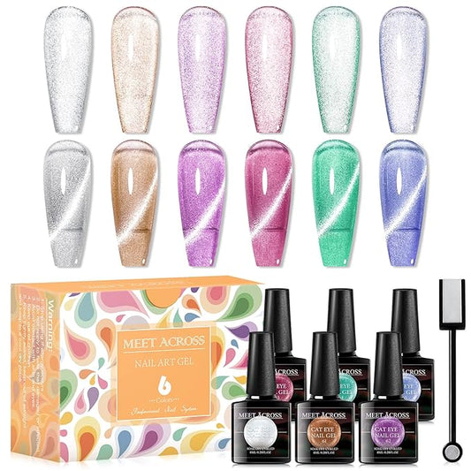 MEET ACROSS Ice Cat Eye Gel Nail Polish Set Magnetic Cat Eye Gel Nail Polish Set Soak Off UV LED Light Starry Sky Effect Magic Nail Polish Kit Manicure Nail Art Gift Kit 6 Colors Free Magnet Stick