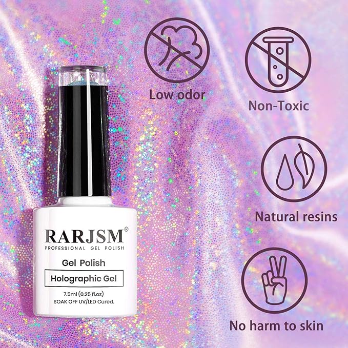 RARJSM Holographic Nail Polish Black Gel Nail Polish Soak Off Nail Gel Collection Cruing Required for Nail Art Design 1 Pack 0.25 Fl.oz RAR72