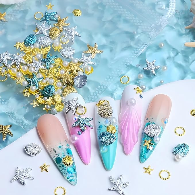 100Pcs Summer Starfish Nail Charms Pearls Seashell Starfish Gold Nail Rhinestones Ocean Theme Design Nail Gems 3D Nail Steel Studs Silver Blue Shell Nail Supplies Summer Beach DIY Crafts Nail Decor