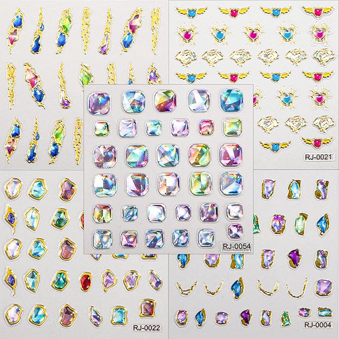5D Gem Nail Art Sticker Decals Self Adhesive Crystal Rhinestone Embossed Nail Stickers Gem Design 5 Sheet