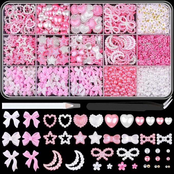 3D Nail Charms for Coquette Nails Design Set 2, Cute White Pink Nail Bows + Assorted Pearl Heart Star Moon Bowknot Nail Jewels + 3D Flower Charms and Nail Pearls, with Picker Tools for Nail Decor