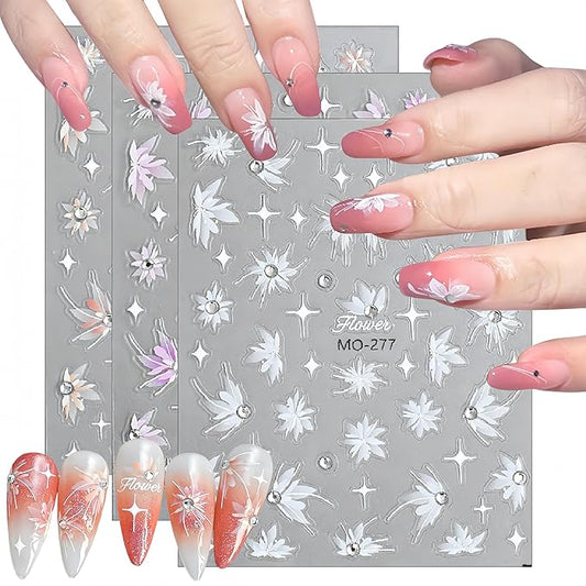 5D Embossed Snow Mowing Nail Art Stickers White Semitransparent Self Adhesive Diamond Flower Nails Stickers Spring Flower Nails Decals Floral Nails Supplies for Women Nail Art Decorations 3PCS