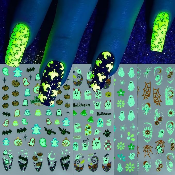 8Sheets Halloween Glow in The Dark Ghost Nail Stickers 3D Self-Adhesive Luminous Ghost Nail Art Decals Spider Web Pumpkin French Nails Design Bats Star Moon Nail Supplies Nail Decorations for Women