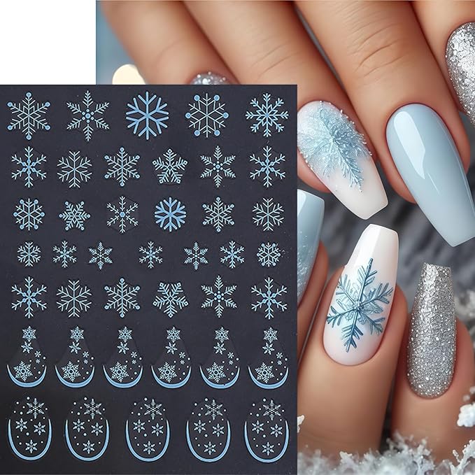 6 Sheets Christmas Nail Art Stickers 3D Self-Adhesive White Snowflake Nail Decals Winter Gold White Blue Snowflake French Nail Design Holiday DIY Manicure Decoration Supplies Accessories for Women