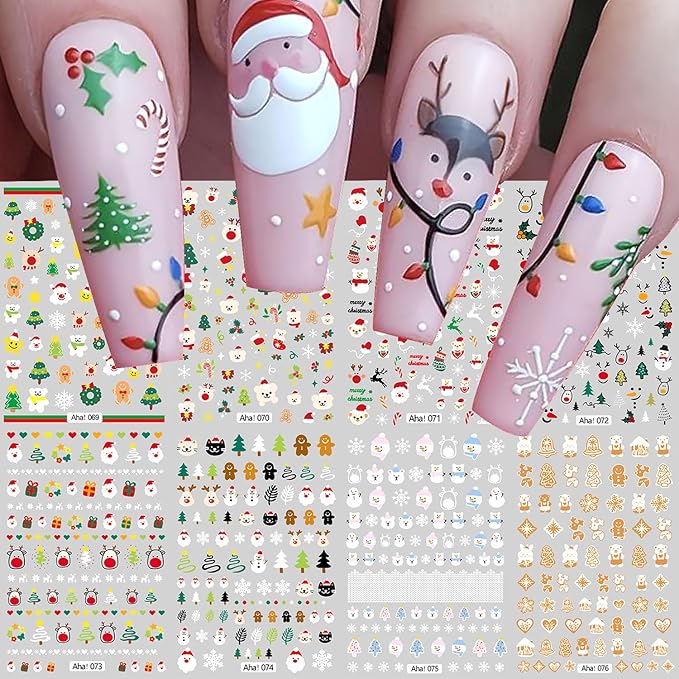 8 Sheets Christmas Nail Art Stickers 3D Snowflakes Elk Santa Claus Nail Stickers for Nail Art Self-Adhesive Winter Xmas Nail Art Supplies Designs Holiday Nail Decals for Women Acrylic DIY Nails