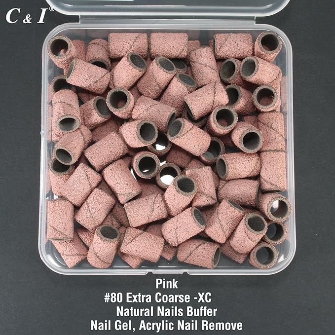 C & I Nail Sanding Bands 100 PCS Plus Upgrade Mandrel 1 PC, Nail Drill Bits for Acrylic Gel Nails Remove, Natural Nails Buffer for Nail Prep and Nail Shiner (Pink, #80 Extra Coarse)