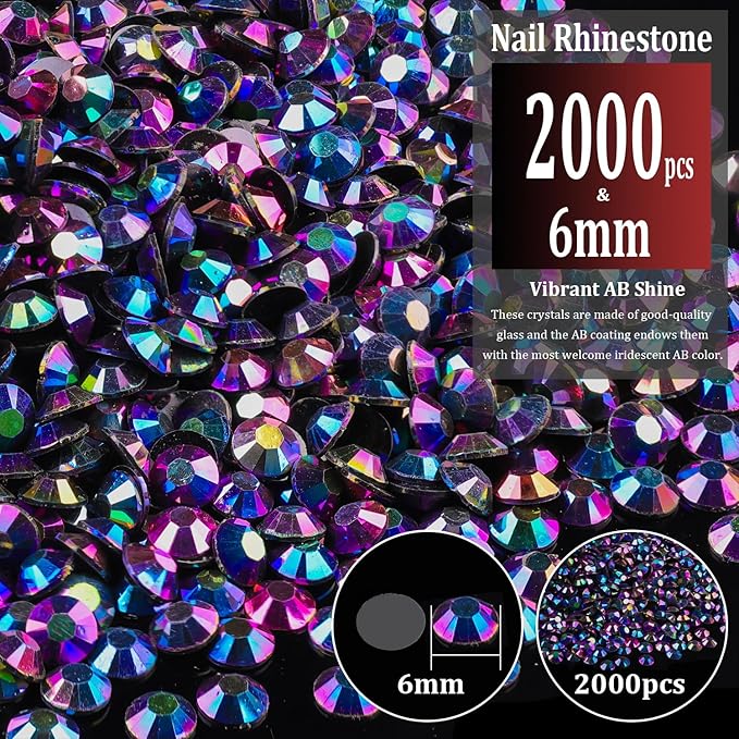 2000pcs 6mm Resin Rhinestones Bulk, Purplish Black AB Flatback Round Jelly Rhinestones Non Hotfix Crystal Gems Large Quantity Wholesale for DIY Crafts Clothes Bottles Face Makeup Manicure