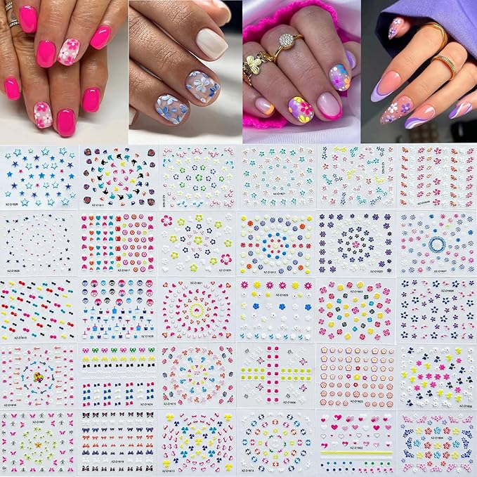 30 Sheets Flower Nail Art Stickers 3D Self-Adhesive Nail Decals Colorful Floral Designs Cute Heart Star Nail Decoration Spring Summer DIY Nail Decorations for Women Manicure Tip