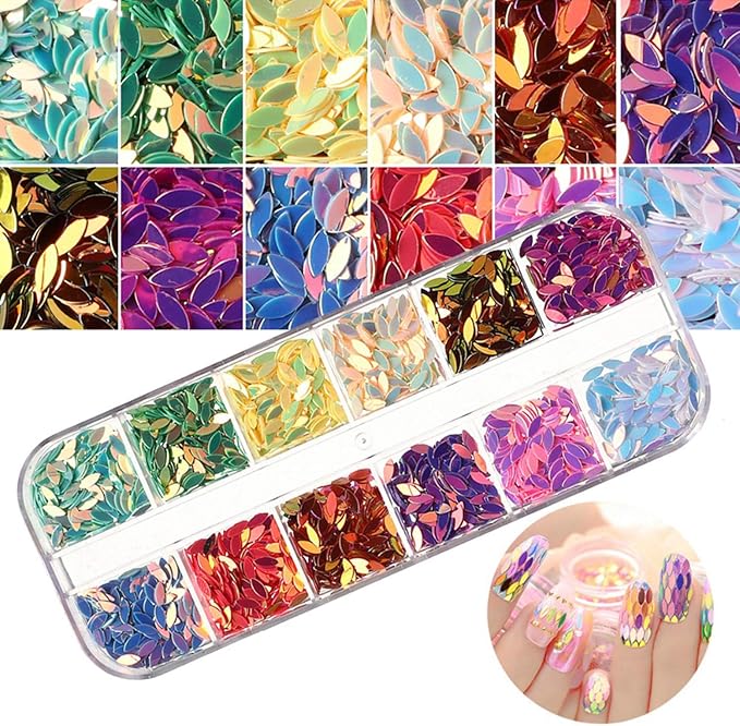 12 Colors Horse Eye Sequins 3D Ultra-Thin Flakes Colorful Glitter Stickers Holographic Laser Shiny Nail Art Design for Nail Decoration DIY Glitters
