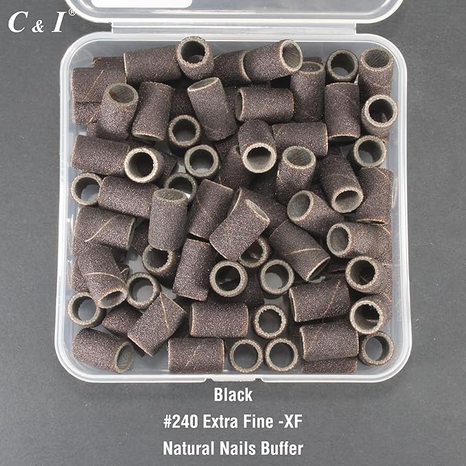 C & I Nail Sanding Bands 100 PCS Plus Upgrade Mandrel 1 PC, Nail Drill Bits for Acrylic Gel Nails Remove, Natural Nails Buffer for Nail Prep and Nail Shiner (Black, #240 Extra Fine)
