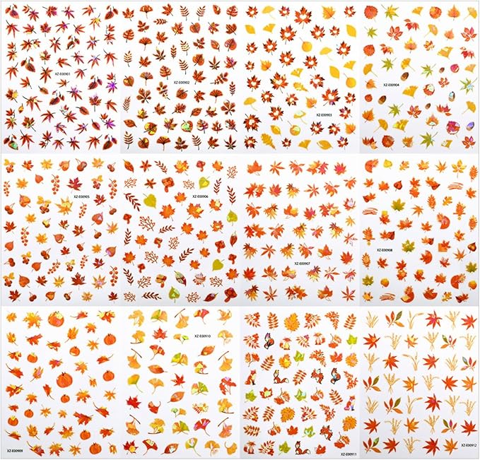 12 Sheets Fall Nail Art Stickers Decal Laser Glitter 3D Self-Adhesive Nail Stickers Design Autumn Maple Leaf Red Fox Pumpkin Nail Decals for Women DIY Thanksgiving Holiday Nail Decorations Supply