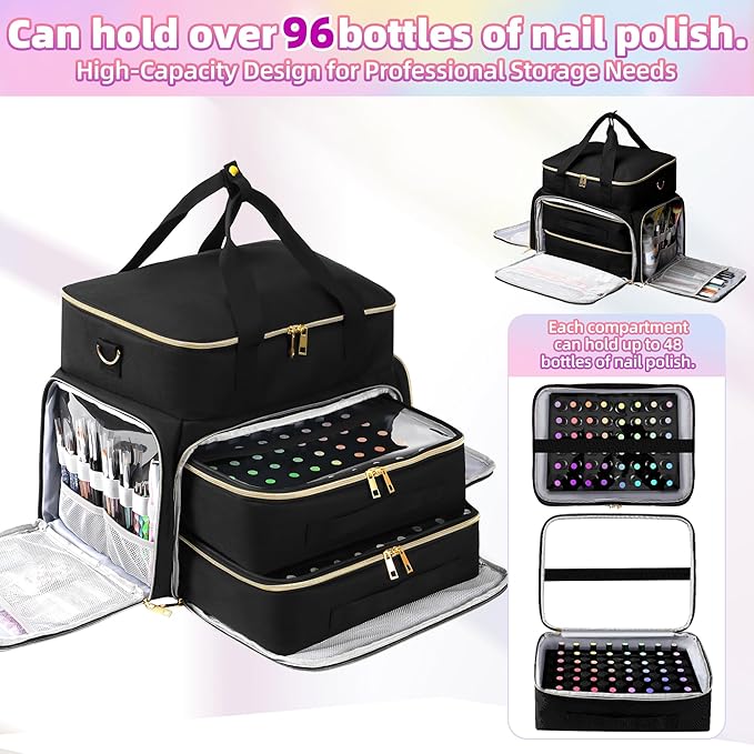 Nail Polish Organizer Case for 96 Bottles – Waterproof Travel Bag with Hard Bottom – Double Layer Nail Storage Bag with Adjustable Dividers & Nail Lamp Compartment – for Home or Salon Use