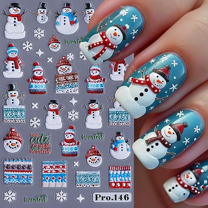 4 Pcs Christmas Nail Art Stickers 5D Micro Embossed Self-Adhesive Snowman Gingerbread Man Snowflake Bow Holly Leaf Nail Decals Xmas Tree Santa Claus Nail Supplies for Women Winter Holiday DIY Manicure