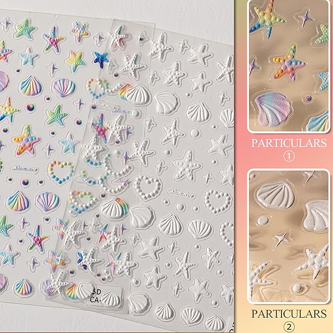 2 Sheets 5D Embossed Seashell Starfish Nail Art Stickers Summer Ocean Nail Stickers Colorful Fantasy Ocean Nail Stickers Shell Pearl Jelly Star Starfish Nail Supplies for Women Nail Decorations